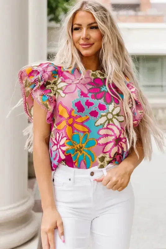 Vibrant Floral Ruffle Sleeve Blouse - Fashionfitz