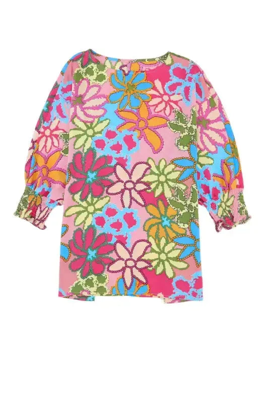 Vibrant Floral Ruffle Sleeve Blouse - Fashionfitz