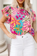 Vibrant Floral Ruffle Sleeve Blouse - Fashionfitz