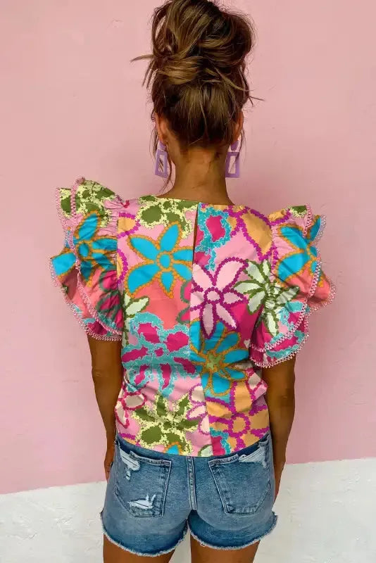 Vibrant Floral Ruffle Sleeve Blouse - Fashionfitz