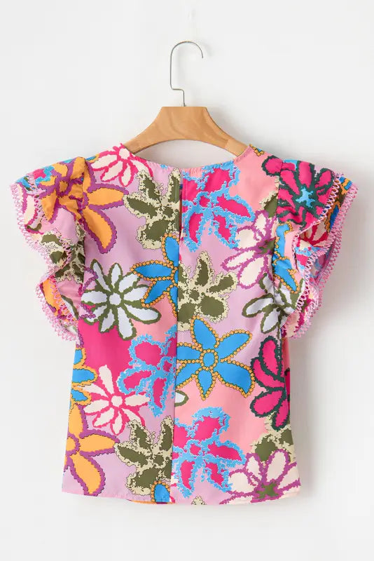 Vibrant floral ruffle sleeve blouse - blouses