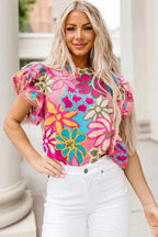 Vibrant Floral Ruffle Sleeve Blouse - Fashionfitz
