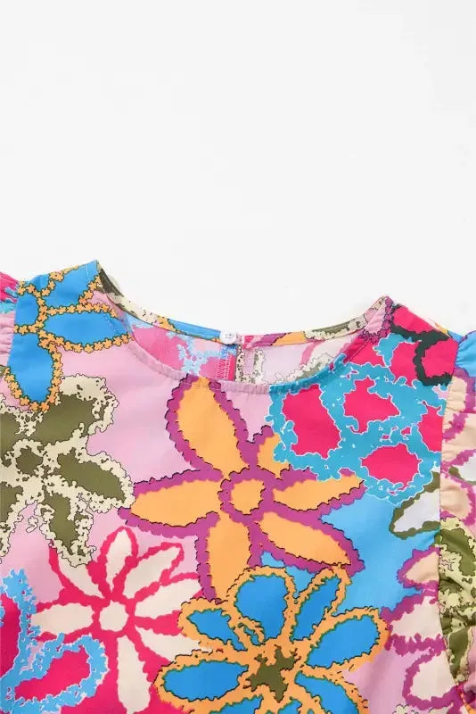 Vibrant Floral Ruffle Sleeve Blouse - Fashionfitz