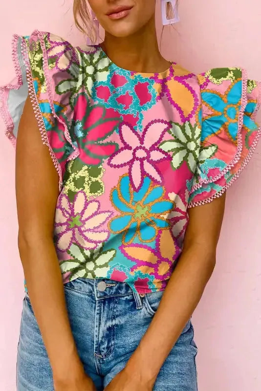 Vibrant Floral Ruffle Sleeve Blouse - Fashionfitz