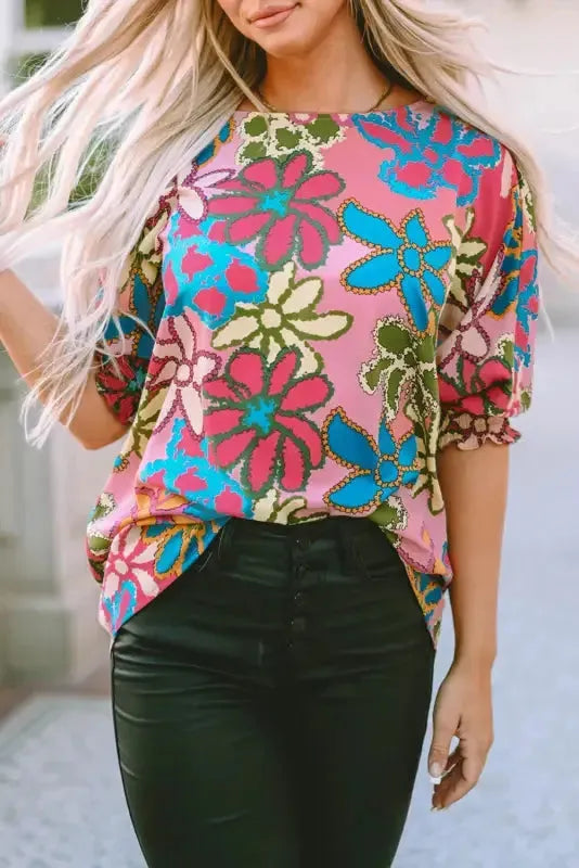 Vibrant Floral Ruffle Sleeve Blouse - Fashionfitz