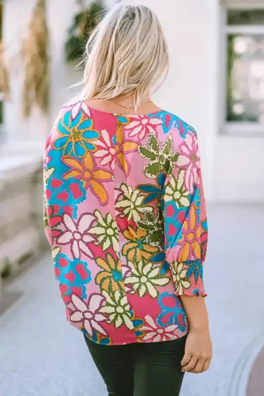 Vibrant Floral Ruffle Sleeve Blouse - Fashionfitz