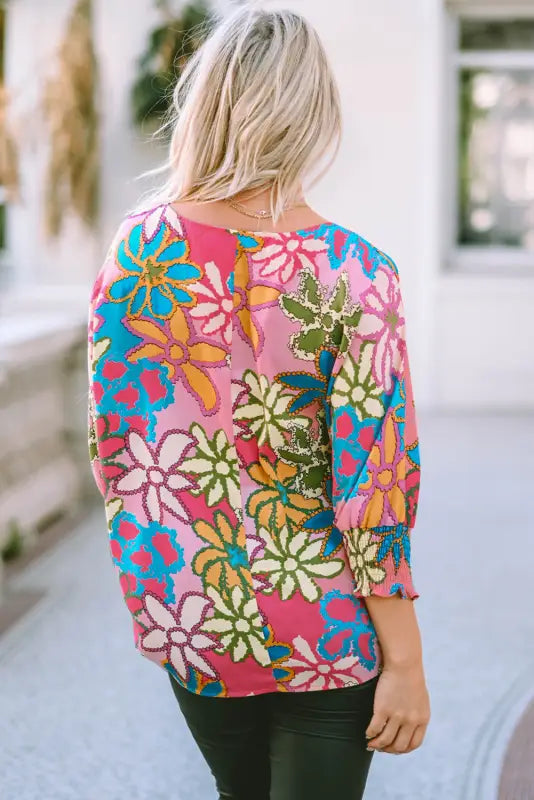 Vibrant floral ruffle sleeve blouse - blouses