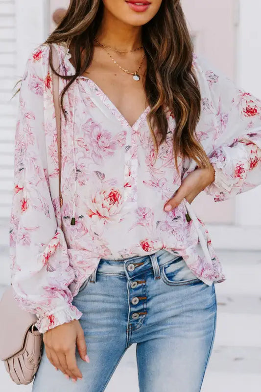 Vibrant floral ruffle trim blouse | fashionfitz