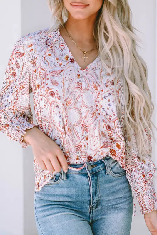 Vintage boho print shirred cuffs blouse - floral blouses