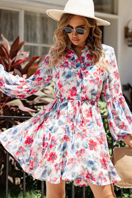 Vintage floral print flowy dress - sky blue / s / 100% polyester - mini dresses