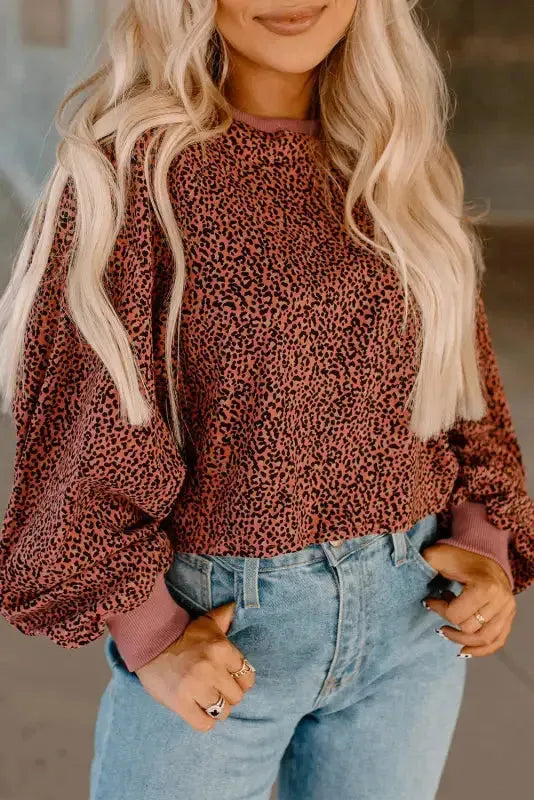 Vintage Leopard Bubble Sleeve Pullover Sweatshirt - Fashionfitz