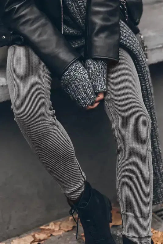 Vintage Wash Ribbed Leggings - Dark Grey - Fashionfitz