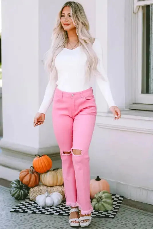 VintageRevival Raw Hem Jeans - Pink, Flared - Fashionfitz