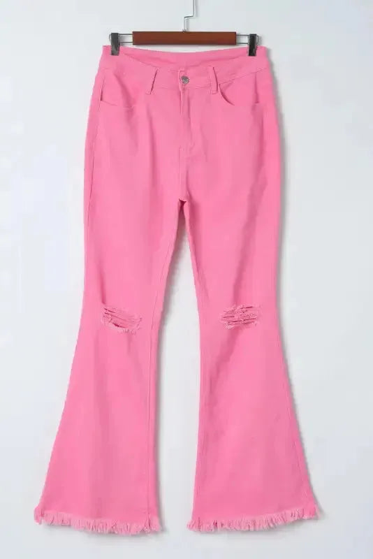 VintageRevival Raw Hem Jeans - Pink, Flared - Fashionfitz