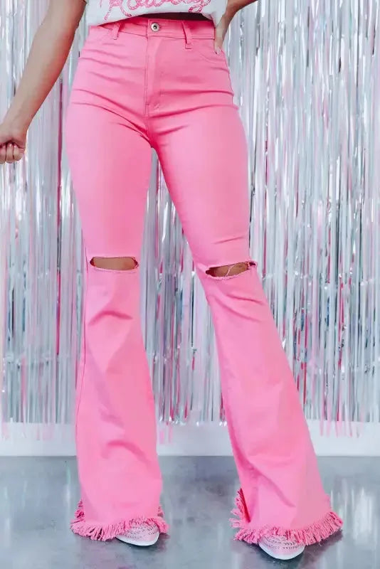 VintageRevival Raw Hem Jeans - Pink, Flared - Fashionfitz