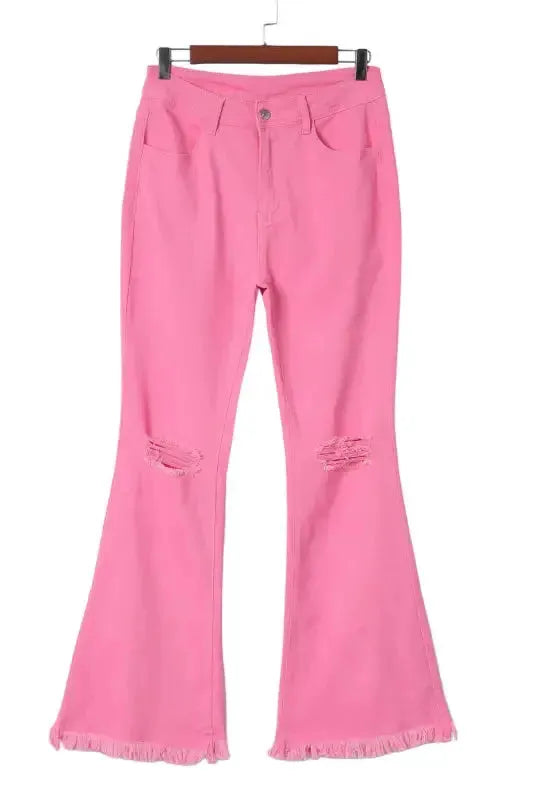 VintageRevival Raw Hem Jeans - Pink, Flared - Fashionfitz