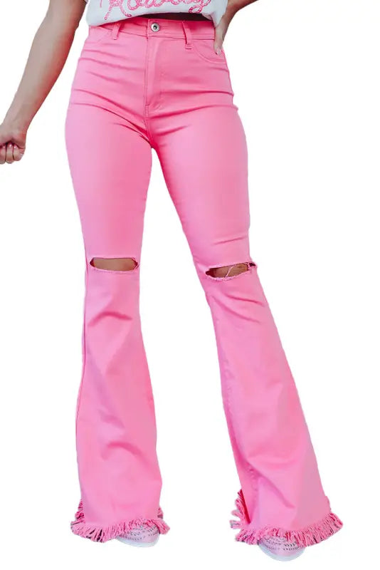 Pink vintage high waist flare leg ripped raw hem jeans