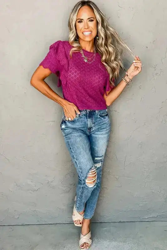 Violet Ruffled Short Sleeve Textured Knit Sweater - Fashionfitz