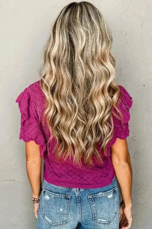 Violet Ruffled Short Sleeve Textured Knit Sweater - Fashionfitz