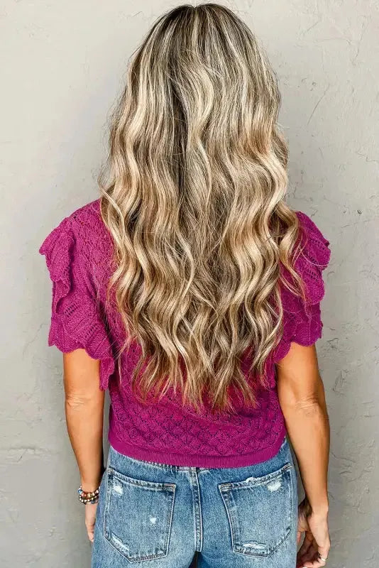 Violet Ruffled Short Sleeve Textured Knit Sweater - Fashionfitz