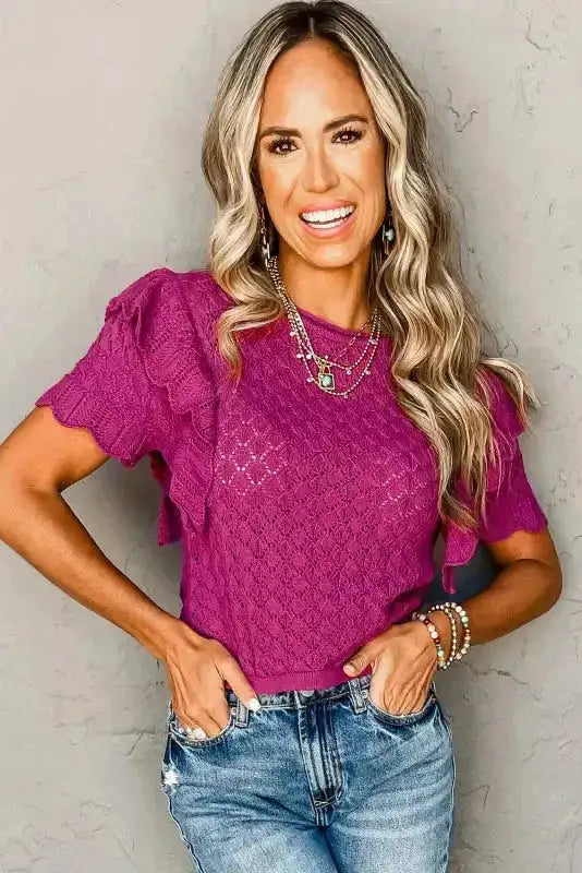 Violet Ruffled Short Sleeve Textured Knit Sweater - Fashionfitz