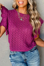 Violet Ruffled Short Sleeve Textured Knit Sweater - Fashionfitz