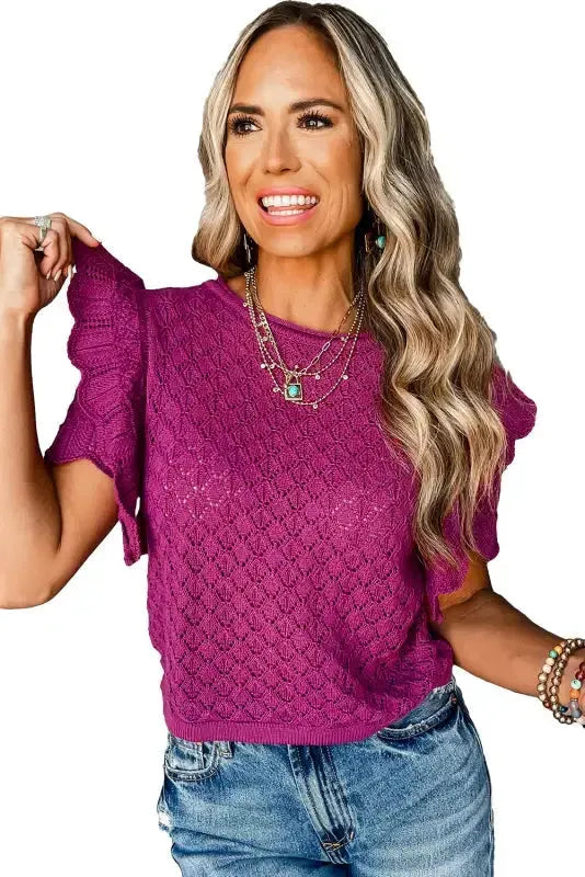 Violet Ruffled Short Sleeve Textured Knit Sweater - Fashionfitz