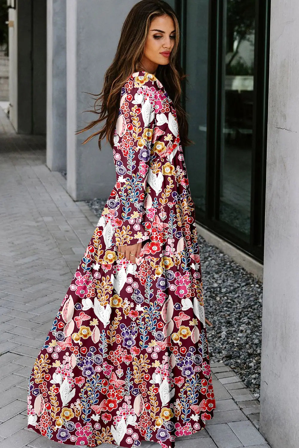 Violet v neck floral print empire waist maxi dress - dresses