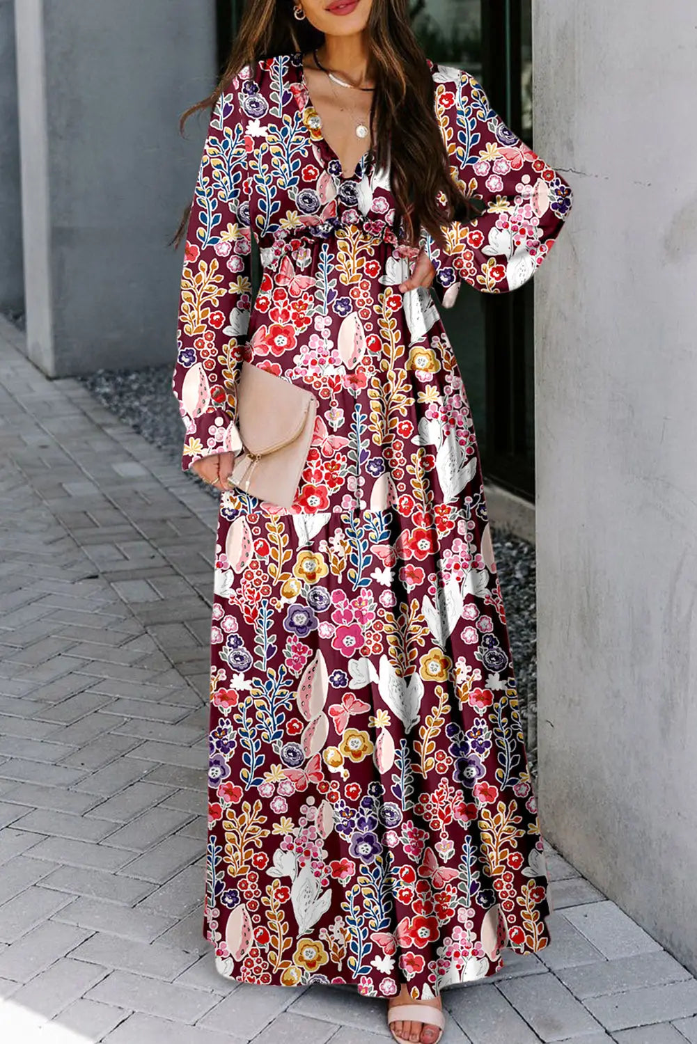 Violet v neck floral print empire waist maxi dress - s / 95% polyester + 5% elastane - dresses