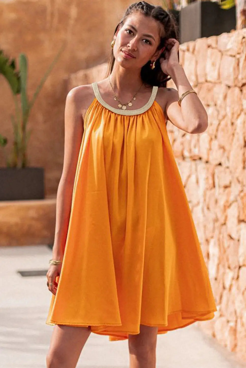 Vitality orange boho woven neckline sleeveless baby-doll dress - mini dresses