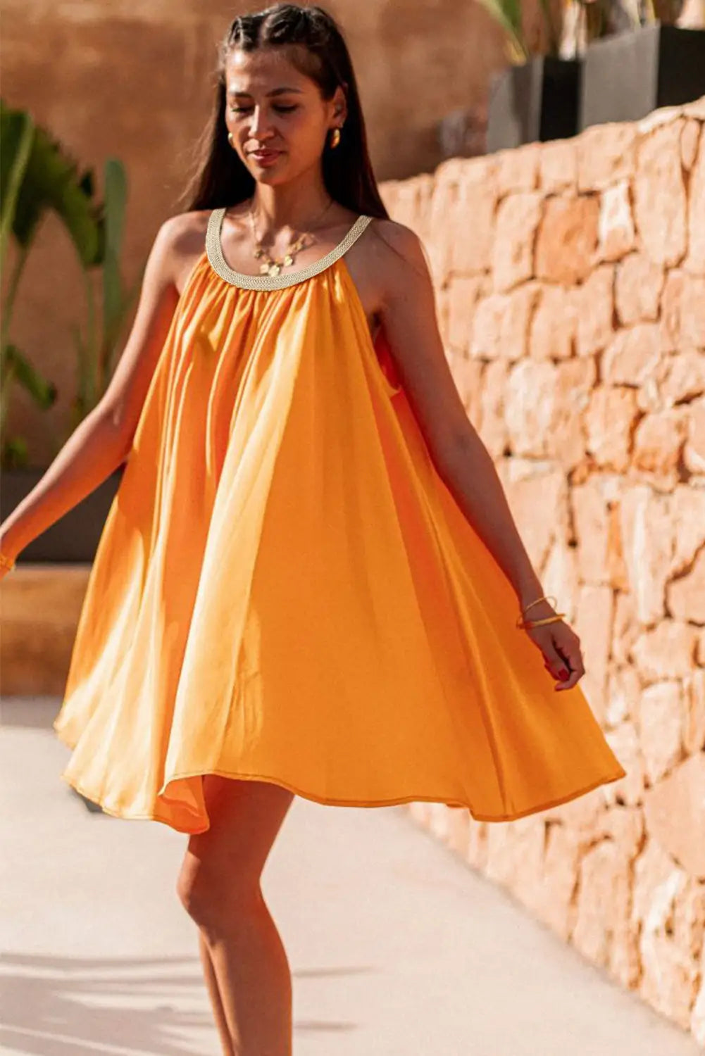 Vitality orange boho woven neckline sleeveless baby-doll dress - mini dresses