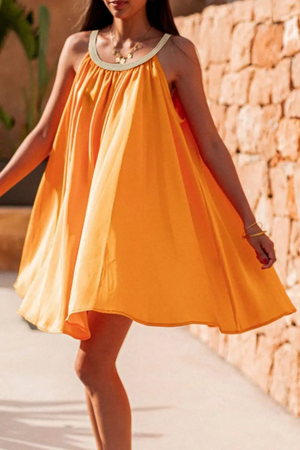 Vitality orange boho woven neckline sleeveless baby-doll dress - l / 100% polyester - mini dresses