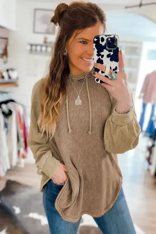 Waffle Knit Drawstring Hoodie - Exposed Seam - Fashionfitz