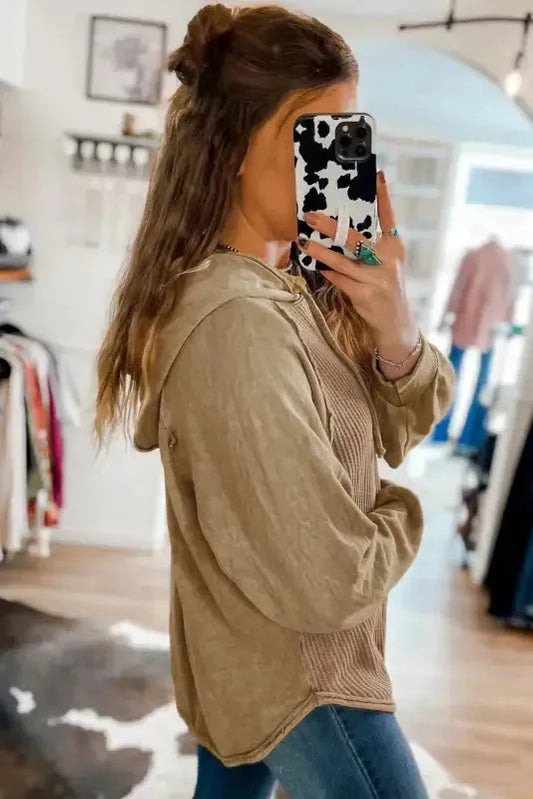 Waffle Knit Drawstring Hoodie - Exposed Seam - Fashionfitz