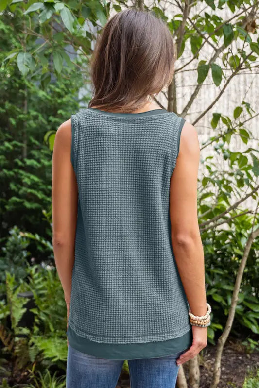 Waffle knit flowy vest - real teal scoop neck - tops/tank tops