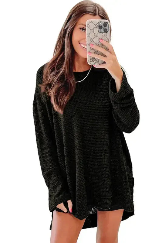 Waffle Knit High Slits Oversized Top - Fashionfitz