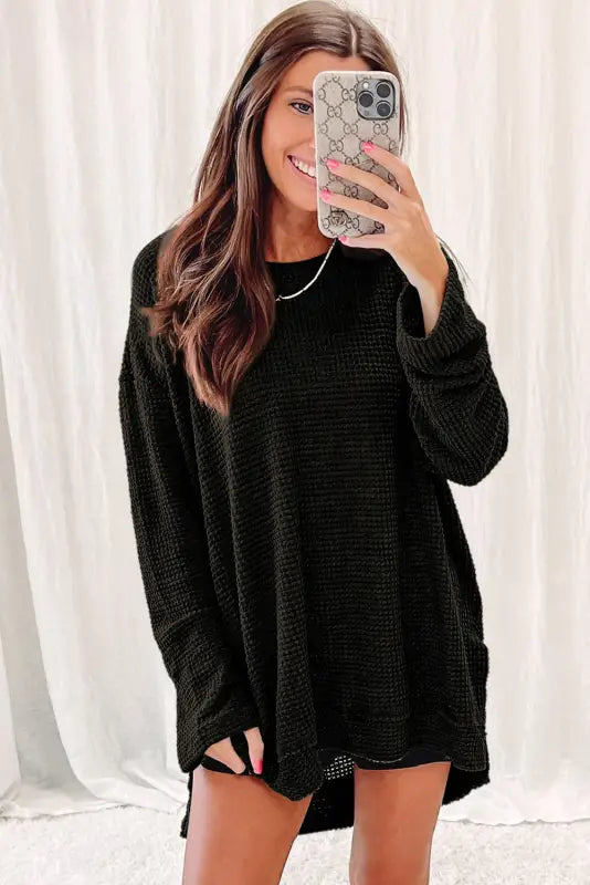 Waffle knit high slits oversized top