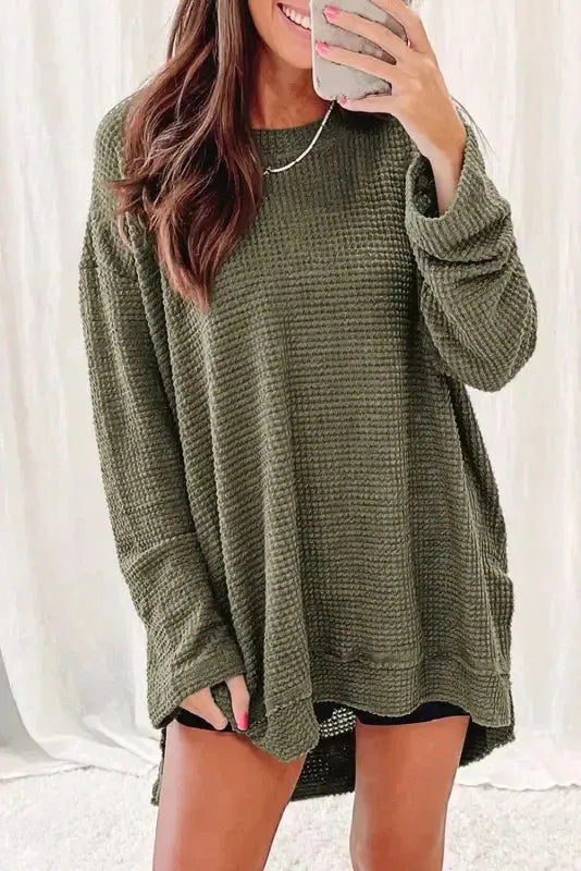 Waffle Knit High Slits Oversized Top - Fashionfitz