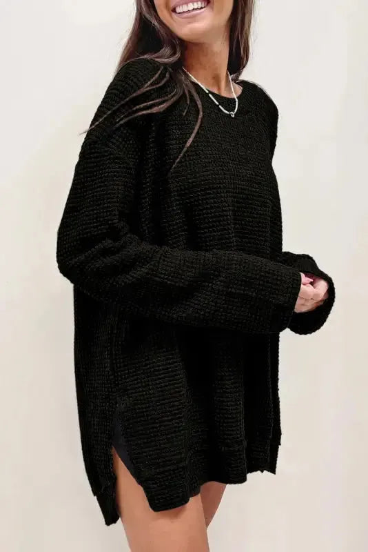 Waffle Knit High Slits Oversized Top - Fashionfitz