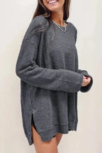 Waffle Knit High Slits Oversized Top - Fashionfitz