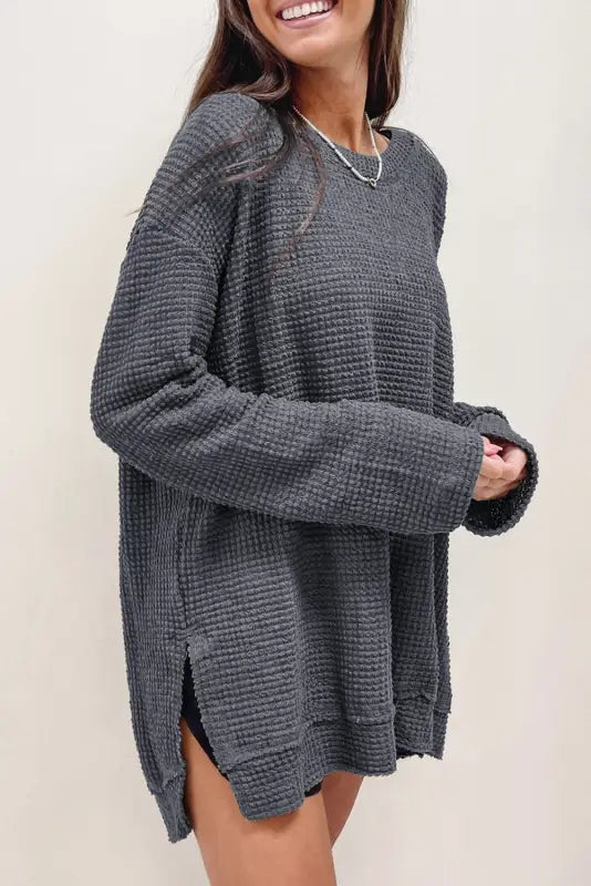 Waffle knit high slits oversized top