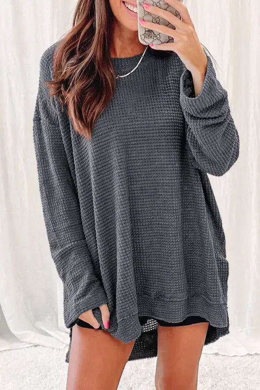 Waffle knit high slits oversized top