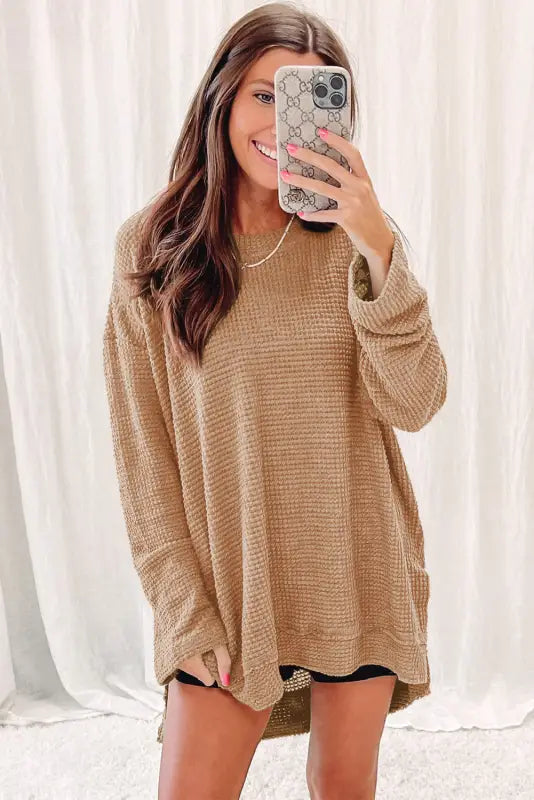 Waffle knit high slits oversized top