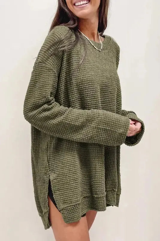 Waffle Knit High Slits Oversized Top - Fashionfitz