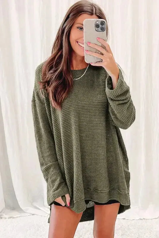Waffle Knit High Slits Oversized Top - Fashionfitz