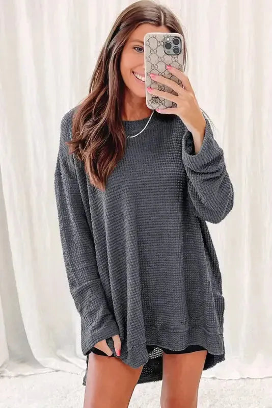 Waffle Knit High Slits Oversized Top - Fashionfitz