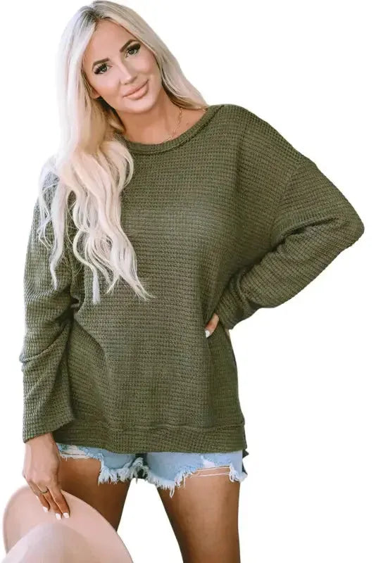 Waffle Knit High Slits Oversized Top - Fashionfitz