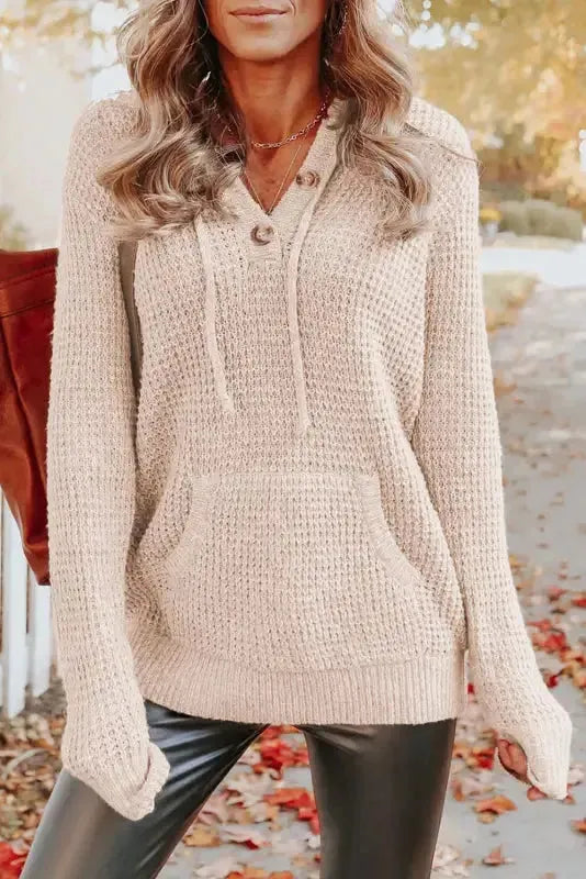 Waffle Knit Hooded Sweater -Apricot - Fashionfitz