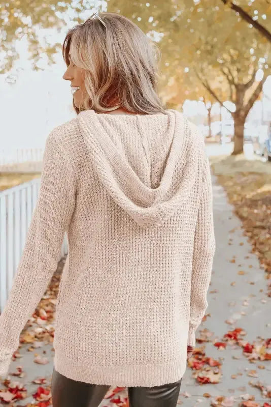 Waffle Knit Hooded Sweater -Apricot - Fashionfitz