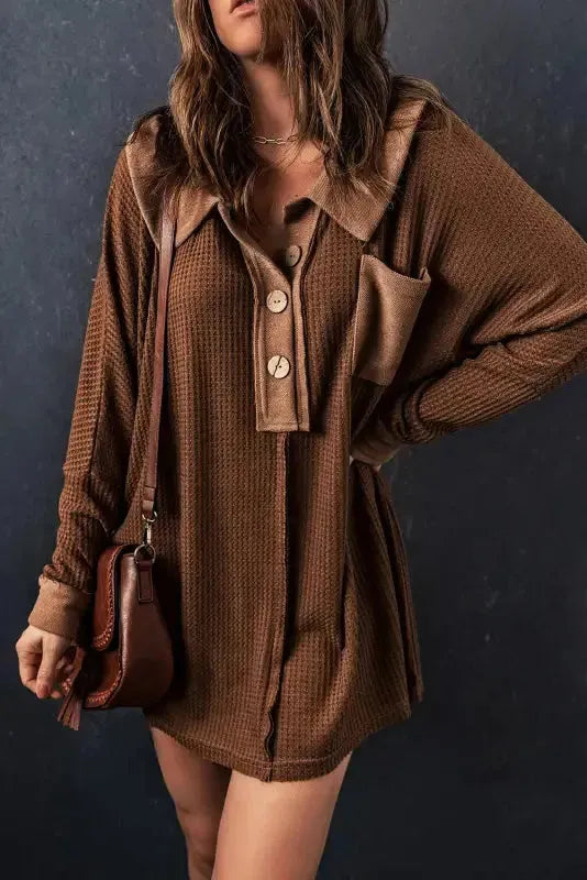Back view of waffle knit buttoned neck long sleeve top Fashionfitz UK